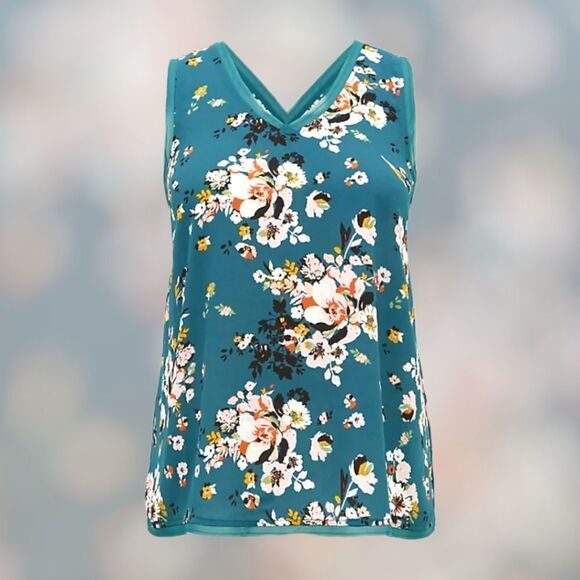 TORRID Teal Floral Georgette Raw Chiffon Trim Tank Top 4X - Picture 2 of 14